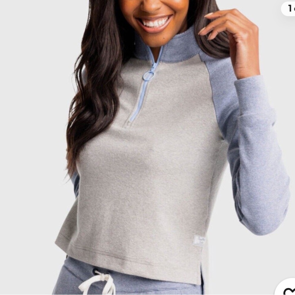 Southern Tide Bridget Stripe Quarter Zip Heather Quarry Women's Gray and Blue